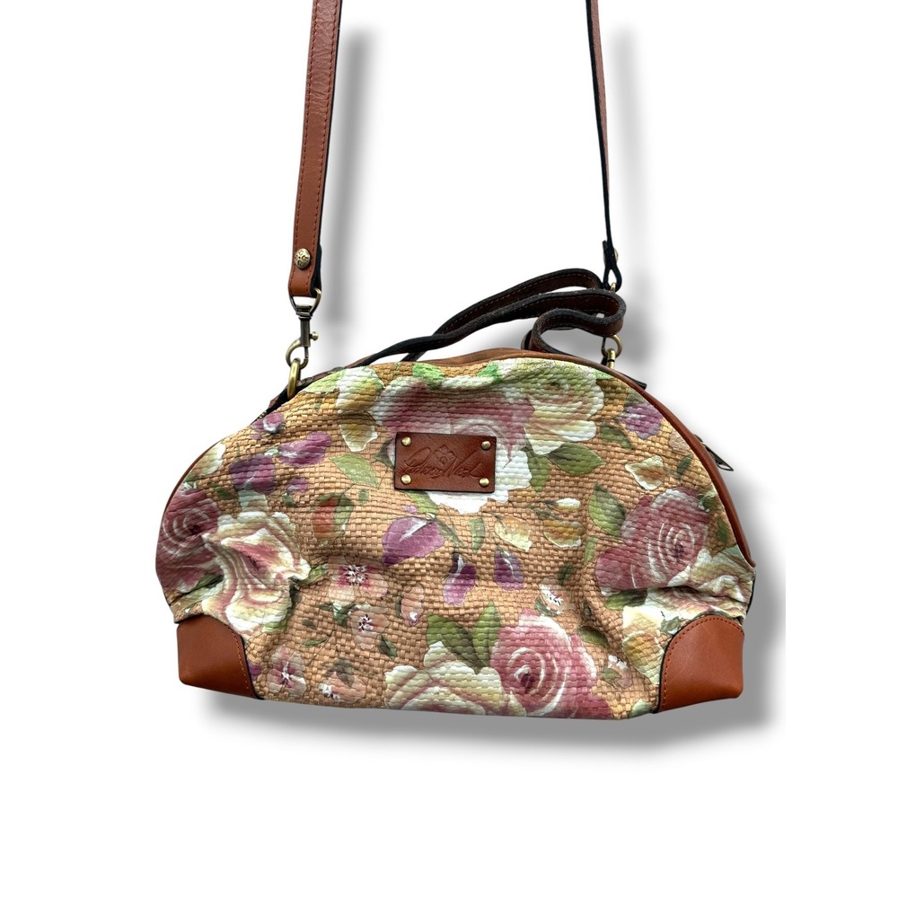 Patricia Nash Fiora Dome Crossbody Bag Floral Woven Straw Leather Satchel‎